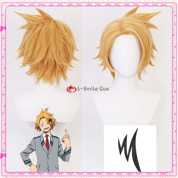 Costumi Catsuit Anime My Hero Academia Denki Kaminari Corto dorato Parrucche sintetiche resistenti al calore Cosplay Protezione per parrucca + Schiarimento nero