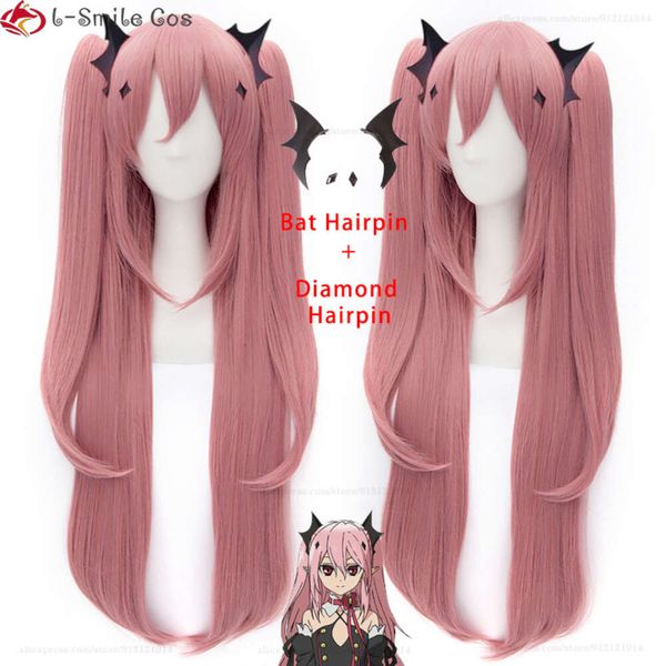 Disfraces de catsuit Anime Seraph of the End Cosplay Krul Tepes 90 cm 120 cm Rosa largo con 2 colas de caballo Pelucas de pelo sintético resistentes al calor + gorro de peluca