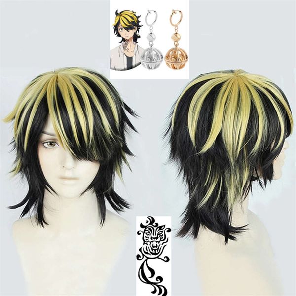 Catsuit Costumes Anime Tokyo Revengers Hanemiya Kazutora Cosplay Perruque Tokio Manji Gang Court Noir Doré Cheveux Perruques Boucle D'oreille + Autocollant De Tatouage