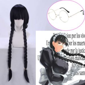 Disfraces de catsuit BLACK LAGOON Roberta Rosarita Cisneros 100 cm de largo trenzado negro con gafas Pelucas de disfraz de cosplay + gorro de peluca