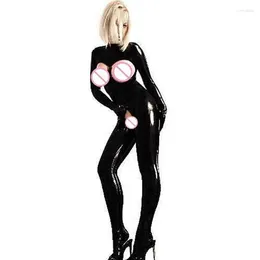 Catsuit -kostuums Black Wetlook Leather Latex Clubwear Sexy Open Bra Crotchless Bodysuit Lingerie Femme Sex Fetish Bondage Harness kostuum
