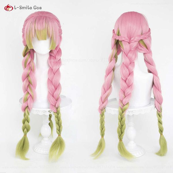 Disfraces de Catsuit Cosplay rosa verde degradado trenza Kanroji Mitsuri peluca de Anime pelo sintético resistente al calor pelucas de mujer