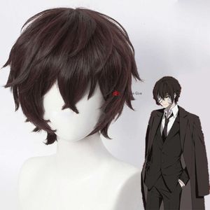 Catsuit Costumes Dazai Osamu Anime Bungo Stray Dogs Cosplay Short Brown Black Heat Resistant Synthetic Hair Halloween Party Wigs + Wig Cap