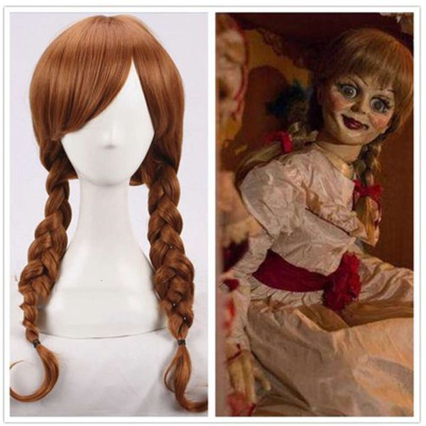 Catsuit Costumes poupée Annabelle Cosplay 50 cm de Long marron tressé résistant à la chaleur cheveux synthétiques jeu de rôle perruques + bonnet de perruque