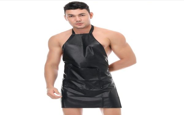 Disfraces de catsuit Catsuit de cuero sintético Hombres sexy Lencería masculina Hollow Out Teddy Body Maid Manservant Cosplay Delantal Frente abierto Cr4489177