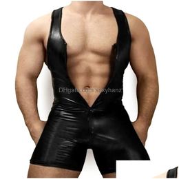 Catsuit kostuums kunstleer strak lichaam ondergoed mannen Shapers sexy singlet bodysuit worstelen turnpakje mannelijke casual unitard buste open Dhfcd