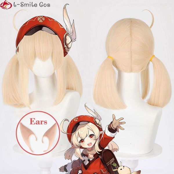 Disfraces de Catsuit juego Genshin Impact Cosplay Flaxen Gold doble cola Klee pelo resistente al calor fiesta mujeres pelucas de Anime + gorro de peluca