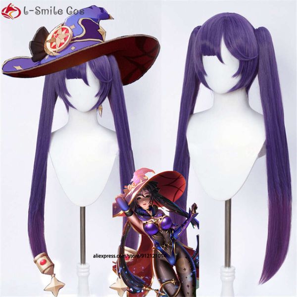 Costumes Catsuit jeu Genshin Impact Mona violet Long Cosplay avec double queue de cheval frange cheveux synthétiques résistants à la chaleur Halloween perruques + perruque