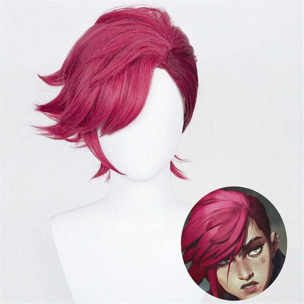 Catsuit Costumes jeu LOL Arcane Vi Cosplay perruque VI 30 cm Rose profonde courte résistant à la chaleur cheveux synthétiques femme et homme jeu de rôle perruques