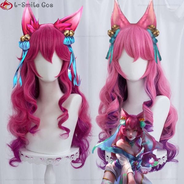 Costumes Catsuit jeu LOL Spirit Blossom Ahri Cosplay dégradé boucles longues vagues cheveux synthétiques résistants à la chaleur perruques de fête d'halloween + bonnet de perruque