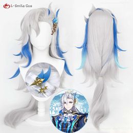 Catsuit Kostüme Genshin Impact Fontaine Neuvillette Cosplay Anime 95 cm lang Silber Grau Blau Hitzebeständiges Kunsthaar + Perückenkappe