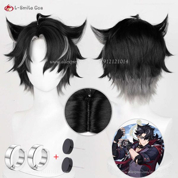 Catsuit Costumes Genshin Impact Fontaine Wriothesley Cosplay 30 cm noir dégradé gris résistant à la chaleur perruques synthétiques fête + bonnet de perruque