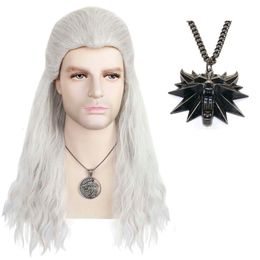 Catsuit Costumes Geralt longue vague d'eau Sier blanc avec Badge pendentif en métal tranche dos style cheveux Cosplay perruques + bonnet de perruque