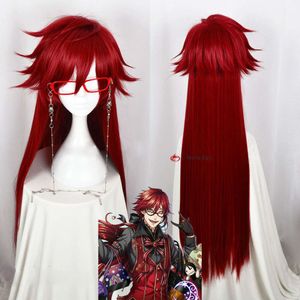 Catsuit Costumes Grell Sutcliff Kuroshitsuji Black Butler Cosplay Claret longue chaîne de cheveux synthétiques résistant à la chaleur Glasse + bonnet de perruque