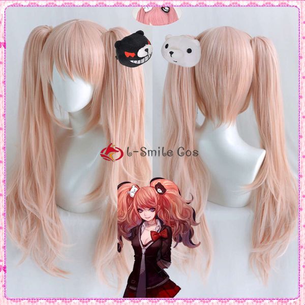 Disfraces de catsuit Alta calidad Danganronpa V3 Enoshima Junko Pelucas de cosplay rosadas con dos colas de caballo Pelo sintético resistente al calor Anime + gorro de peluca