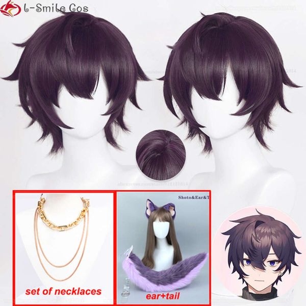 Disfraces de catsuit Alta calidad Vtuber Shoto Cosplay Púrpura Negro Corto 30 cm Pelo sintético resistente al calor Anime Pelucas de fiesta de Halloween + peluca