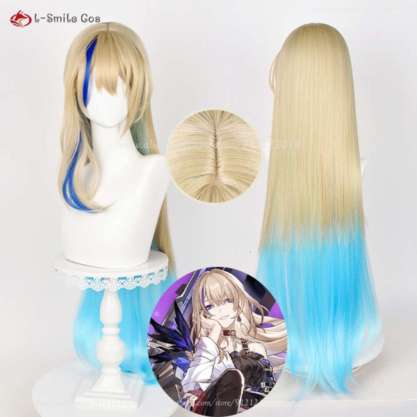 Disfraces de catsuit Honkai: Star Rail Serval Cosplay 92 cm de largo Lino Dorado Degradado Azul Anime Cabello Resistente al calor Pelucas de cuero cabelludo sintético + gorro de peluca