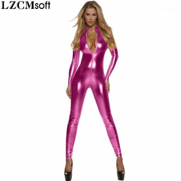 Disfraces de catsuit LZCMsoft Mujeres Cuerpo completo Unitard Body negro Manga larga Lycra Oro Cremallera frontal Cuello alto Metálico Zentai Bodys182n