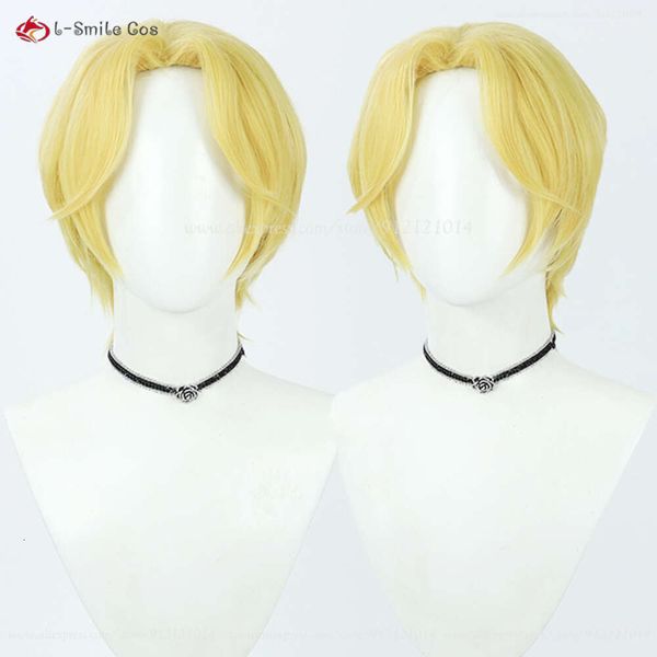 Catsuit Costumes hommes Gloden jaune bouclés Sabo Cosplay Anime résistant à la chaleur cheveux synthétiques Halloween fête perruques + bonnet de perruque