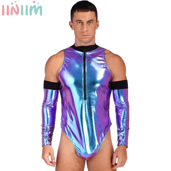 Disfraces de Catsuit Hombres Disfraz de Astronauta de Halloween Traje de Juego de rol Spaceman Cuello simulado Body con Cremallera Sin Mangas Corte Alto Charol Catsuit Clubwear