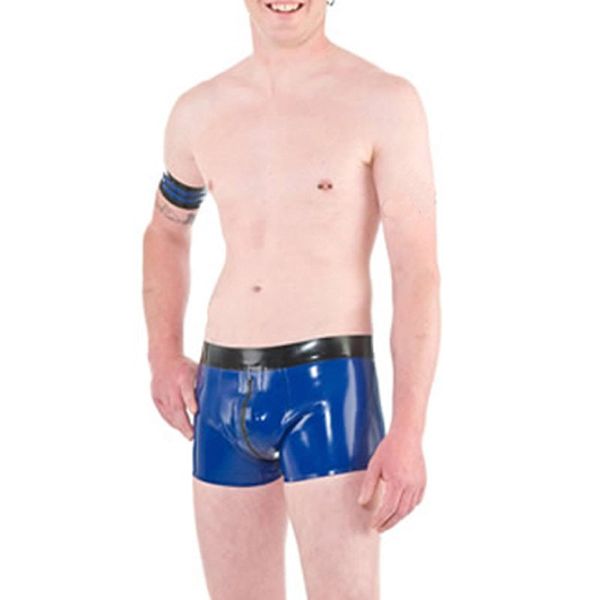 Catsuit Costumes hommes hanche serré Shorts 100% Latex caoutchouc entrejambe bleu marine épaisseur 0.4mm