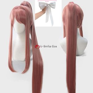 Catsuit Costumes Monika DDLC perruque avec queue de cheval longue de 100 cm épingle à cheveux Bownot Anime Cosplay perruques de cheveux résistant à la chaleur