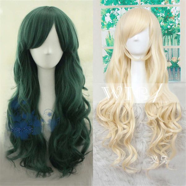 Costumes Catsuit My Hero Academia Izuku Midoriya Femme 70 cm de long vert foncé Cosplay Katsuki Bakugo Blonde perruques de cheveux bouclés ondulés + bonnet de perruque