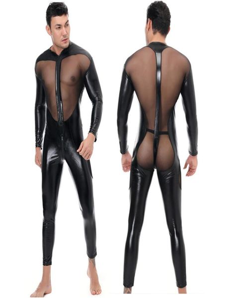 Disfraces de catsuit de charol para hombre, sexy, de manga larga, con cremallera, entrepierna abierta, mono Zentai, empalme de malla calado, cuerpo completo 4050554