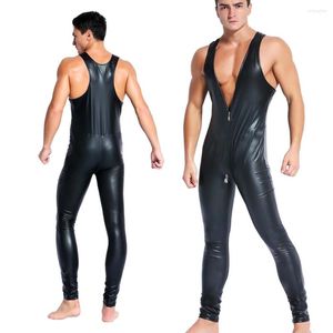 Catsuit Costumes Sexy Hommes Noir Rouge Faux Cuir Vinyle Bondage Body Justaucorps Unitard Fétiche Fermeture Éclair Wetlook Zentai Mâle Combinaison Érotique