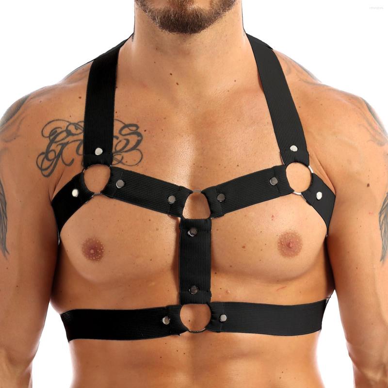 Trajes de roupa de gato, homens sexy, elástica cinta de ombro, cinto de arnês muscular com rings de metal e pregos de fantasia de festas de clube chiques