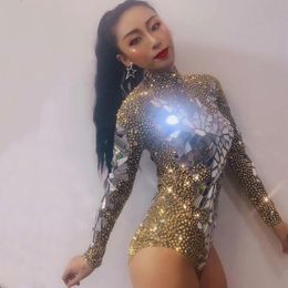 Catsuit kostuums sexy spiegeljurk voor vrouwen Rhinestone Sparkly Jumpsuit Stage kostuum feest Gogo Dance Bar DJ Dancer Wear