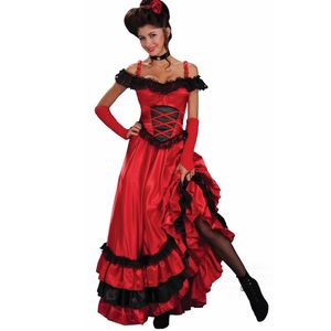 Catsuit Costumes Sexy Espagnol Gypsy Rouge Cancan Robe En Dentelle Femmes Hors Épaule Parti Robes Longues Robes Plus La Taille Western Saloon 2554