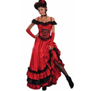 Catsuit Kostuums Sexy Spaanse Zigeuner Rode Cancan Kanten Jurk Vrouwen Off Schouder Party Lange Jurken Vestidos Plus Size Western Saloon 318l