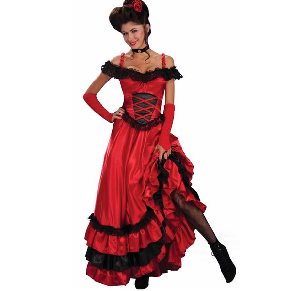 Disfraces de catsuit sexy español gitano rojo cancan vestido de encaje mujeres fuera del hombro fiesta vestidos largos vestidos tallas grandes salón occidental 2554