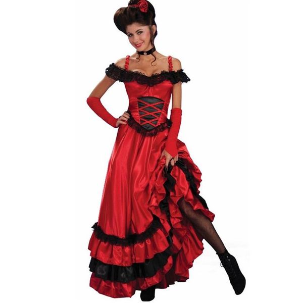 Catsuit Costumes Sexy Espagnol Gypsy Rouge Cancan Robe En Dentelle Femmes Hors Épaule Parti Robes Longues Robes Plus La Taille Western Saloon 318l