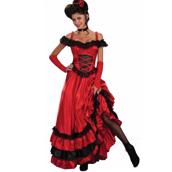 Catsuit Costumes Sexy Espagnol Gypsy Rouge Cancan Robe En Dentelle Femmes Hors Épaule Parti Robes Longues Robes Plus La Taille Western Saloon 234J