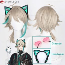 Catsuit Costumes Vtuber Virtuareal Aza Cosplay Chapeaux Lunettes 33 cm Lin Léger Highlight Cyan Résistant À La Chaleur Perruques De Cheveux Accessoires + Bonnet De Perruque