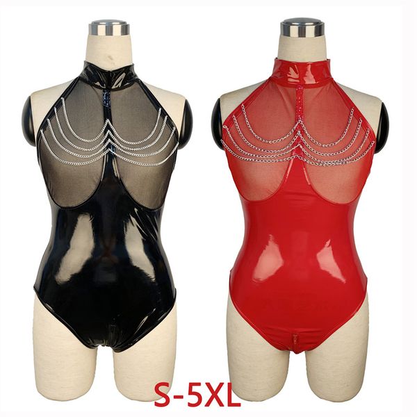 Catsuit Disfraces Mujeres Sexy Malla Lencería erótica Wetlook Cuero Pecho expuesto Body Sexy Entrepierna abierta Estiramiento PU Catsuit Fetish Wear Jum