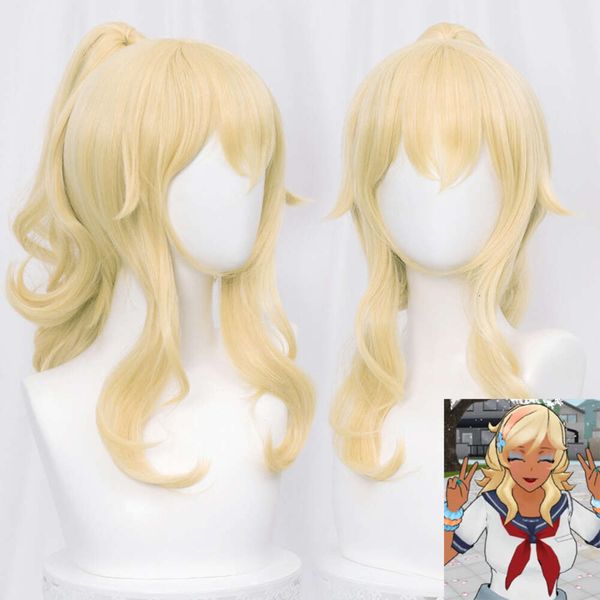 Disfraces de catsuit Yandere Simulator Musume Ronshaku peluca rubia de 45cm de largo con cola de caballo resistente al calor pelucas de pelo para Cosplay