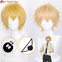 Catsuit Costumes jaune/Orange clair doré Cosplay Anime tronçonneuse homme Denji perruques 30 cm cheveux avec yeux Patch accessoires hommes + bonnet de perruque