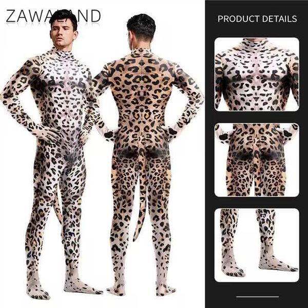 Zawaland Cheetah Cosplay Costume avec queue Halloween entrejambe fermeture éclair combinaisons homme femme léopard Catsuit Animal Zentai body