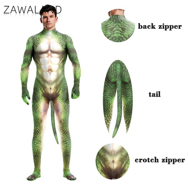 Zawaland Hommes 3D Crocodile Texture Imprimé Animal Cosplay Costume Body avec Queue Entrejambe Fermeture Éclair Combinaisons Catsuit Zentai Costumes