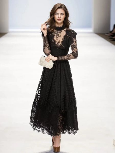 Pasarela diseñador primavera alta calidad moda mujer fiesta negro encaje elegante Casual bastante clásico borlas vestidos largos para mujer