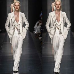 Catwalk Designer Women Suits Sets Custom Made 3 PCS White Blazer+Vest+Pants Formele Satin Rapel Office Lady Party Prom Dress