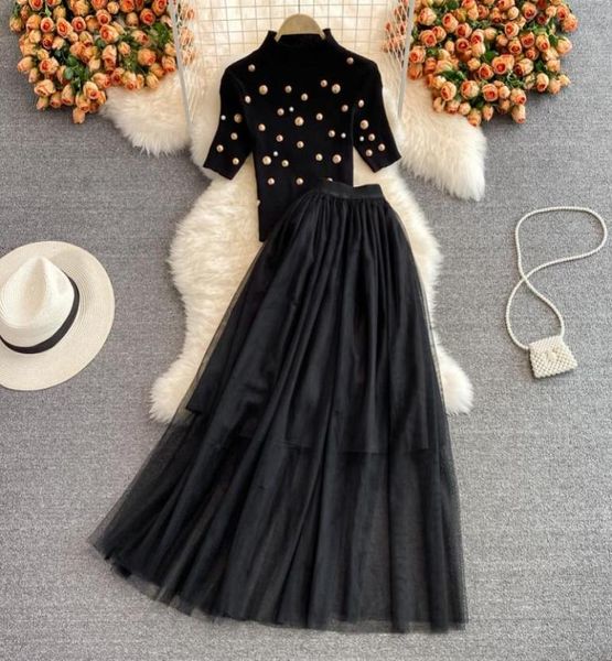 Pasarela de lujo con cuentas botón Deco negro vestido de dos piezas suéter de manga corta malla Maxi falda conjuntos ropa de mujer otoño nuevo 20227428926