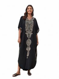 Causal bordado impreso con cuello en V manga de murciélago de gran tamaño Kaftan 2024 mujeres verano playa Dr Plus tamaño Maxi Dres Q1607 G9q0 #