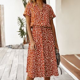 Causal Polka Dot Robe D'été Femmes Col En V À Lacets Midi Robe Chic À Manches Courtes Lâche Vacances Boho Plage Robes Robe Vestidos 220615