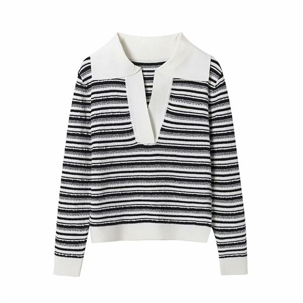 Causal femmes noir et blanc rayé pull mode dames col rabattu tricoté hauts Streetwear femme Chic pull 210427