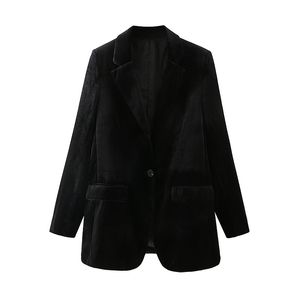 Casual Femmes Black Velvet Slim Veste Mode Dames Bouton unique Blazers Streetwear Femme Chic Poche Manteaux 210430