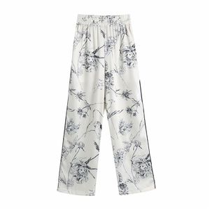 Casual Femmes Croquis Imprimer Pantalon Mode Dames Blanc Satin Pantalon Droit Streetwear Femelle Chic Poche 210527